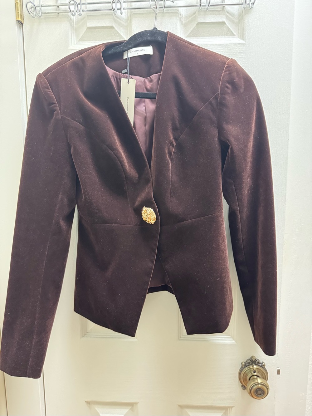 Commense Dark Brown Velvet Blazer with Gold Accent Button
